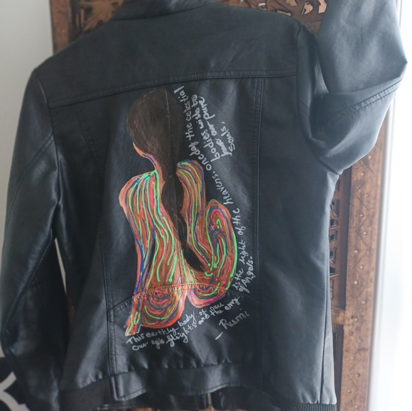 Hand painted womens leather jacket. Rumi Quote - Picture 3 of 3